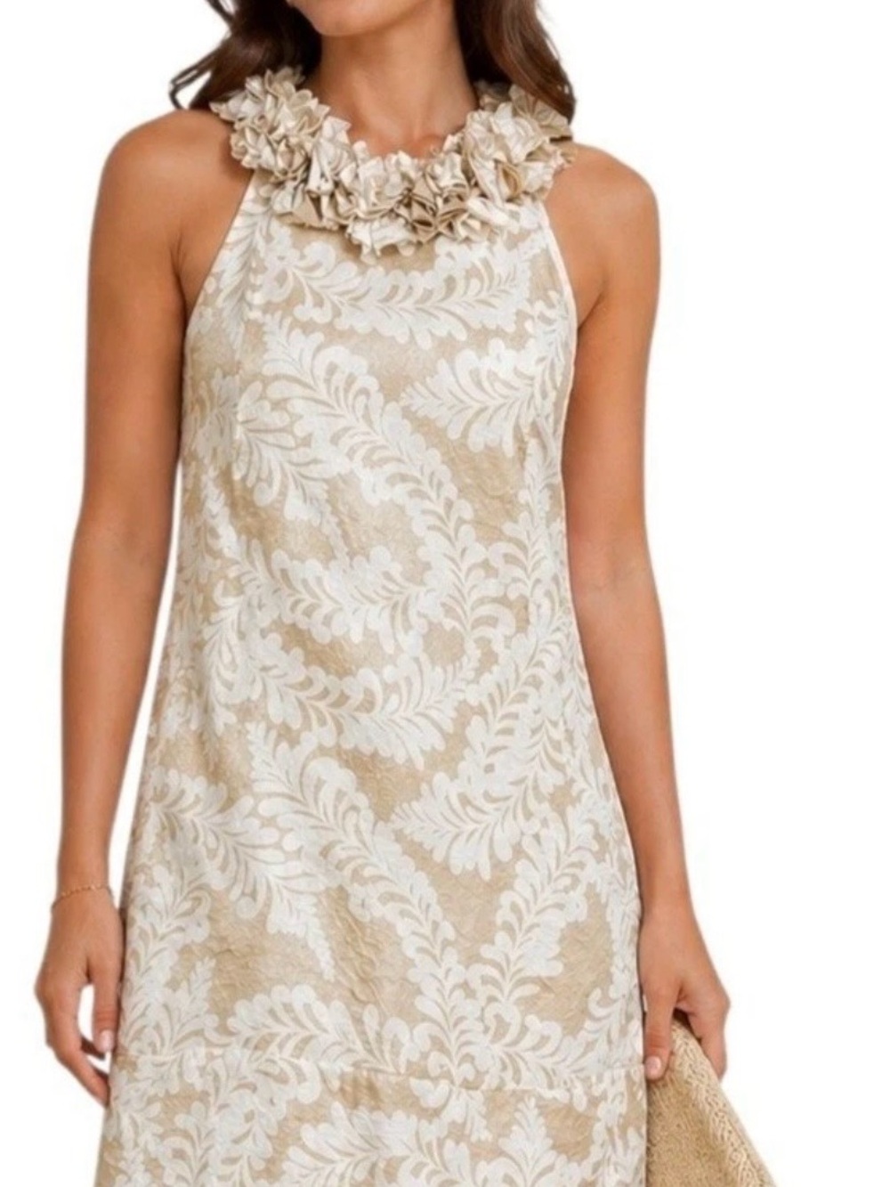 London Times Beige and Cream Floral Ruffled Dress